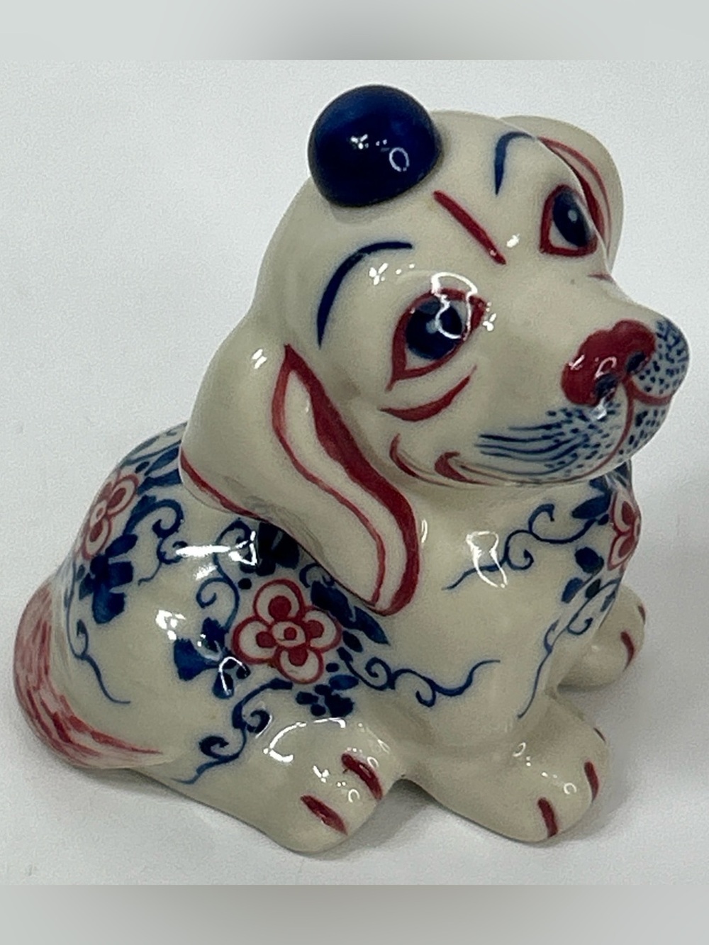 Vtg Figurine Dog Snuff Bottle Chinese Porcelain Blue Stopper Spoon Hand Painted